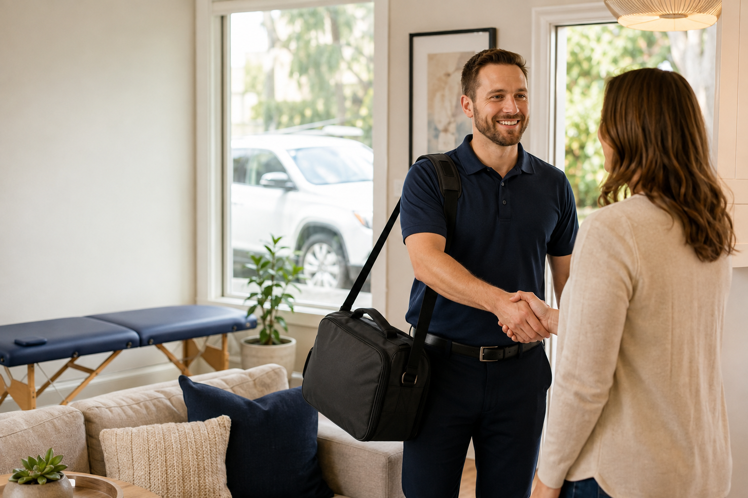 Mobile chiropractor arriving for an in-home appointment